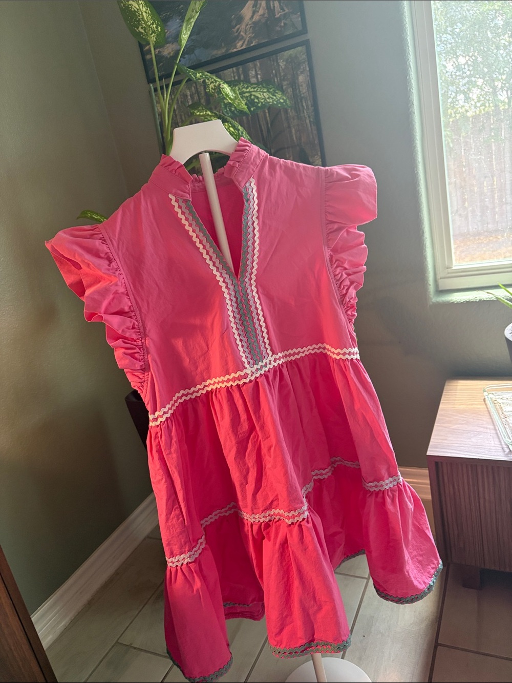 Bright Pink Ruffle Tiered Mini Dress with Trim